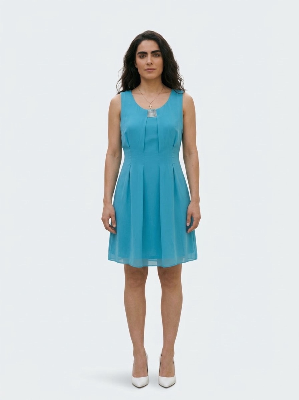 dressbarn Turquoise Sleeveless Shift Dress with Rhinestone Accent